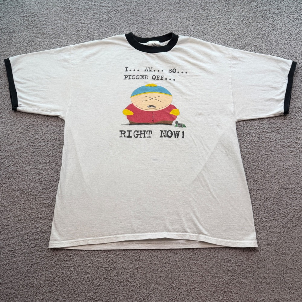 Vintage 2005 South Park Eric Cartman Pissed Off Ringer T-Shirt XL White Black